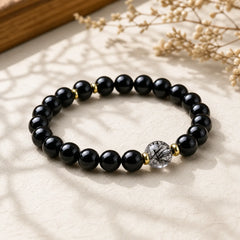 Natural Black Obsidian Black Rutilated Quartz Purification Bracelet featuring Black Obsidian, Black Rutilated Quartz, Rutilated Quartz