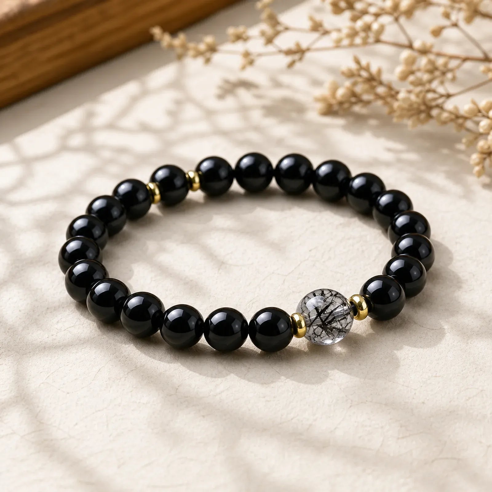 Natural Black Obsidian Black Rutilated Quartz Purification Bracelet featuring Black Obsidian, Black Rutilated Quartz, Rutilated Quartz