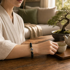 Natural Black Obsidian Black Rutilated Quartz Purification Bracelet featuring Black Obsidian, Black Rutilated Quartz, Rutilated Quartz