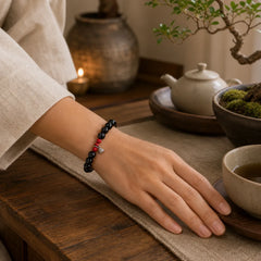 Natural Black Obsidian Cinnabar Lotus Charm Strength Fulfillment Bracelet featuring Black Obsidian, Cinnabar, Lotus