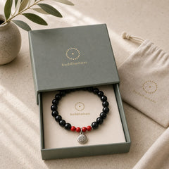Natural Black Obsidian Cinnabar Lotus Charm Strength Fulfillment Bracelet featuring Black Obsidian, Cinnabar, Lotus