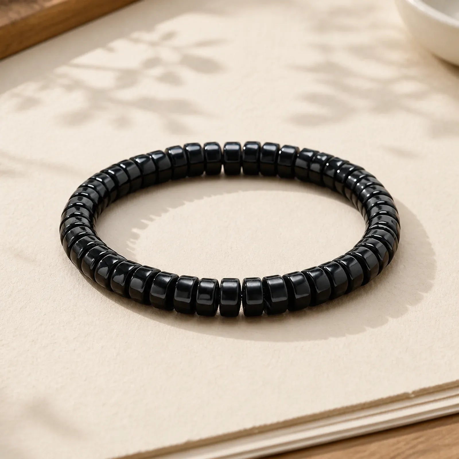 Natural Black Obsidian Faceted Straight Cut Beaded Strength Bracelet featuring Black Obsidian