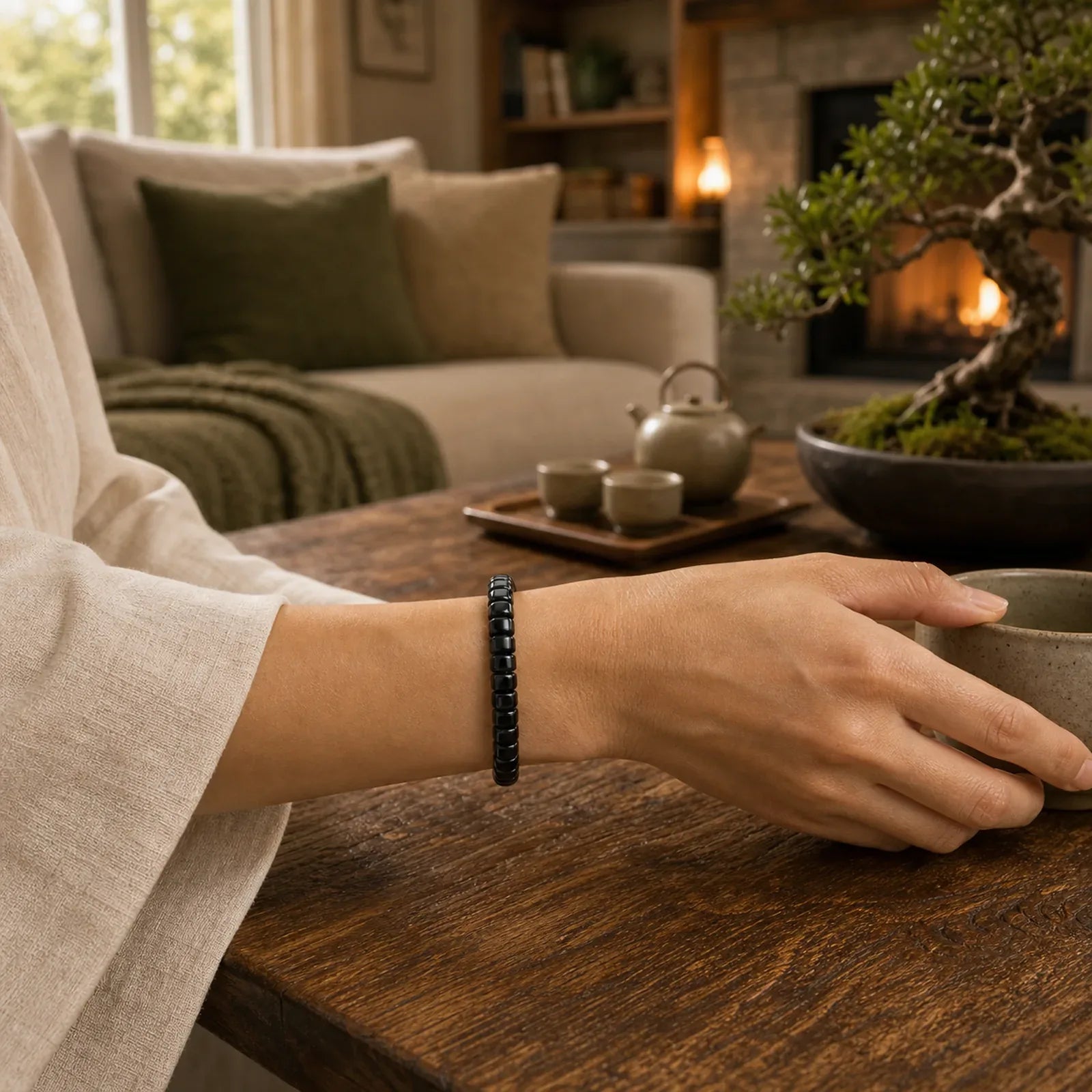 Natural Black Obsidian Faceted Straight Cut Beaded Strength Bracelet featuring Black Obsidian