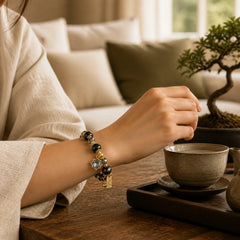 Natural Black Obsidian Hematite Blue Sandstone Strength Bracelet featuring Black Obsidian, Hematite, Blue Sandstone