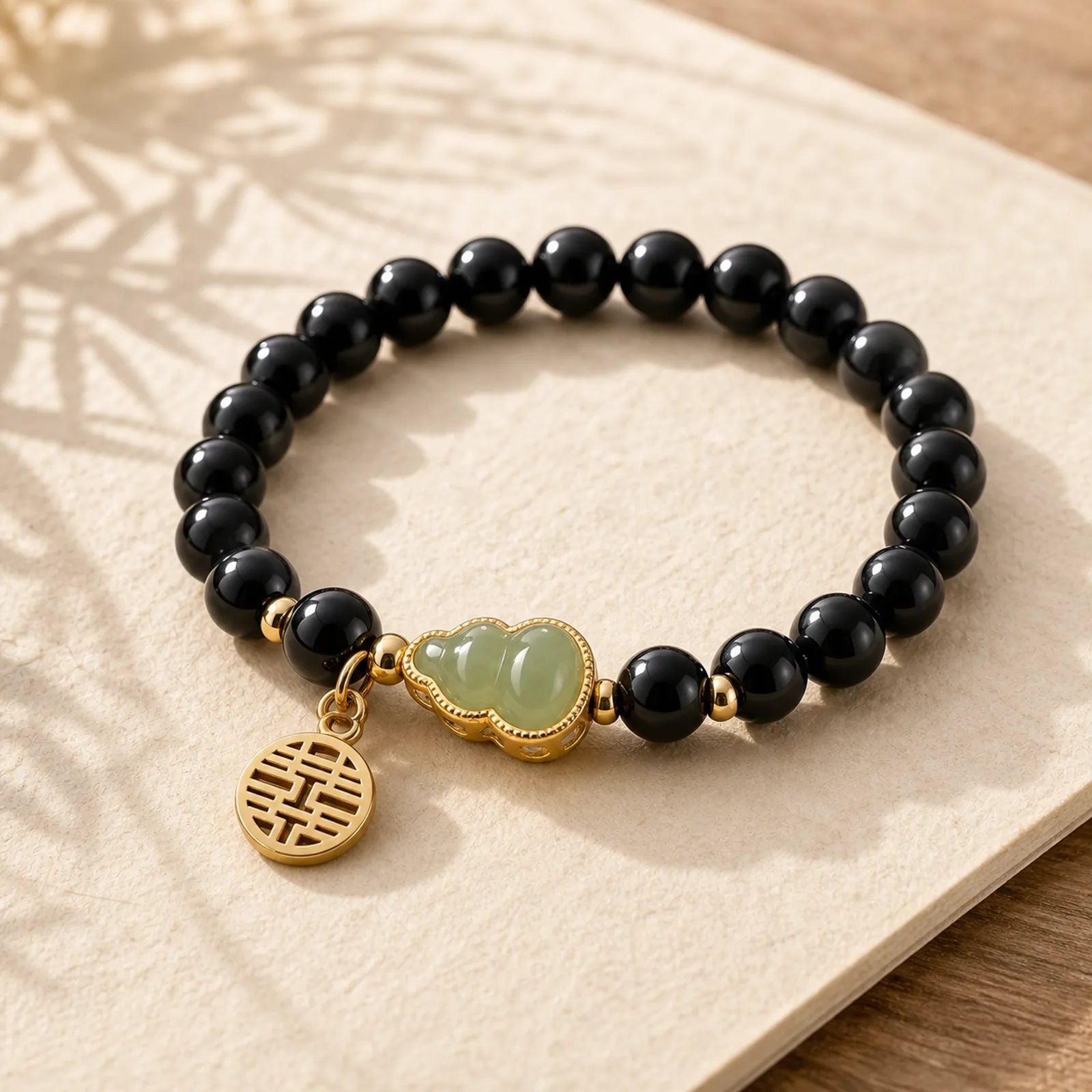 Natural Black Obsidian Hetian Jade Gourd Double Happiness Strength Bracelet featuring Black Obsidian, Jade, Double Happiness