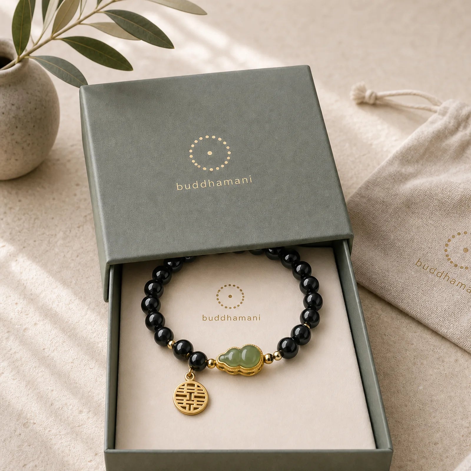 Natural Black Obsidian Hetian Jade Gourd Double Happiness Strength Bracelet featuring Black Obsidian, Jade, Double Happiness