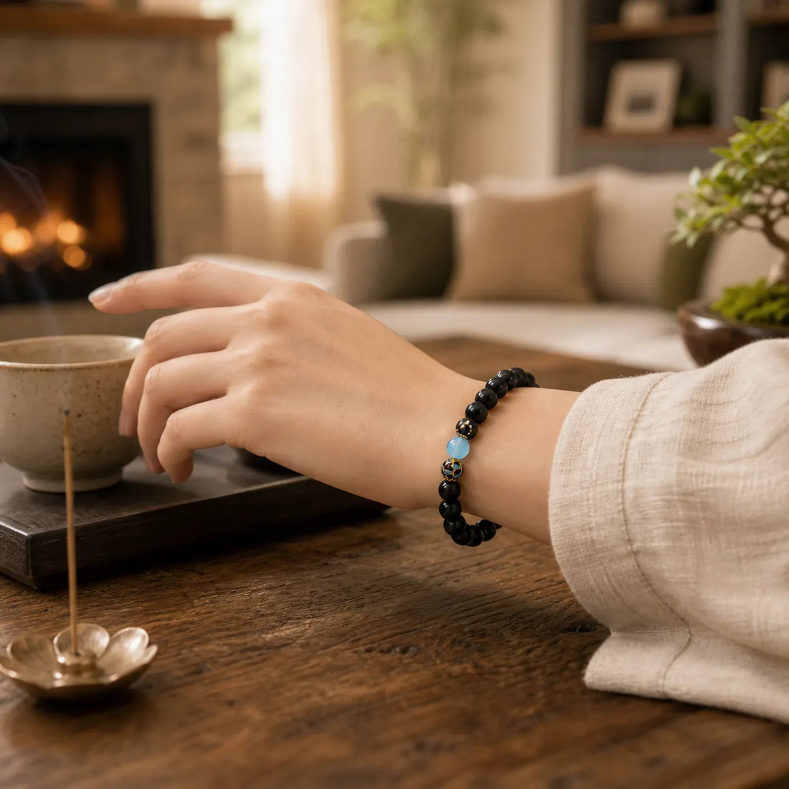 Natural Black Obsidian Lotus Purification Bracelet featuring Black Obsidian, Lotus, Lotus Symbol