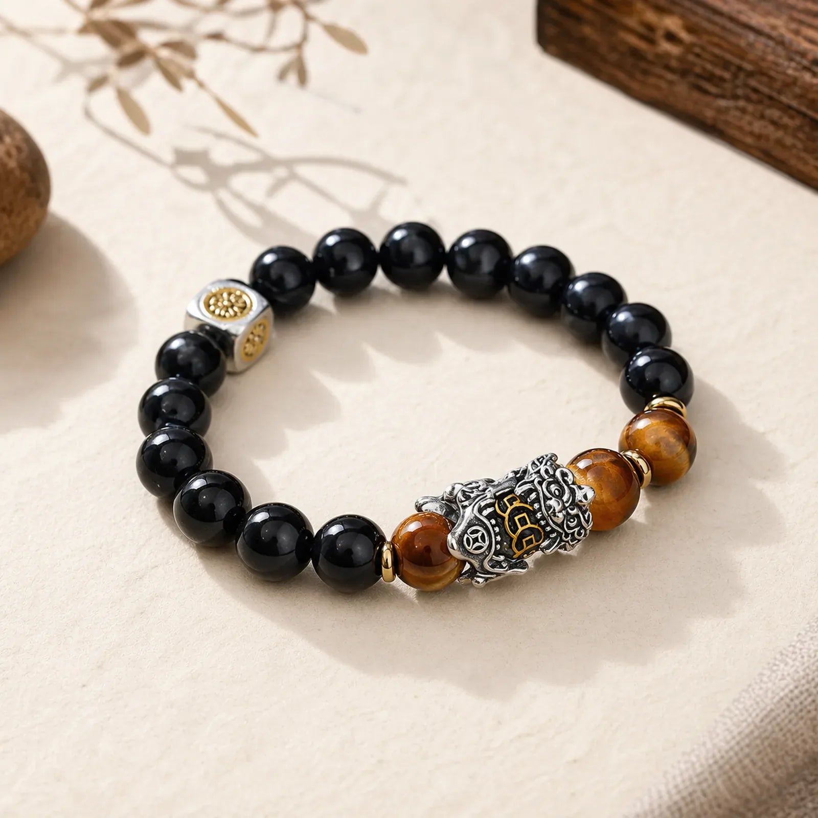 Natural Black Obsidian PiXiu Tiger's Eye Transformation Bracelet featuring Black Obsidian, Pixiu, Tiger Eye