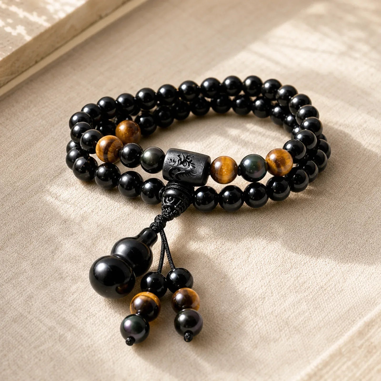 Natural Black Obsidian Rainbow Obsidian Gourd Blessing Bracelet Mala featuring Black Obsidian, Rainbow Obsidian