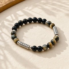Natural Black Obsidian Tiger's Eye Six True Words 'om Mani Padme Hum' Strength Love Bracelet featuring Black Obsidian, Tiger Eye, Six True Words (Om Mani Padme Hum)