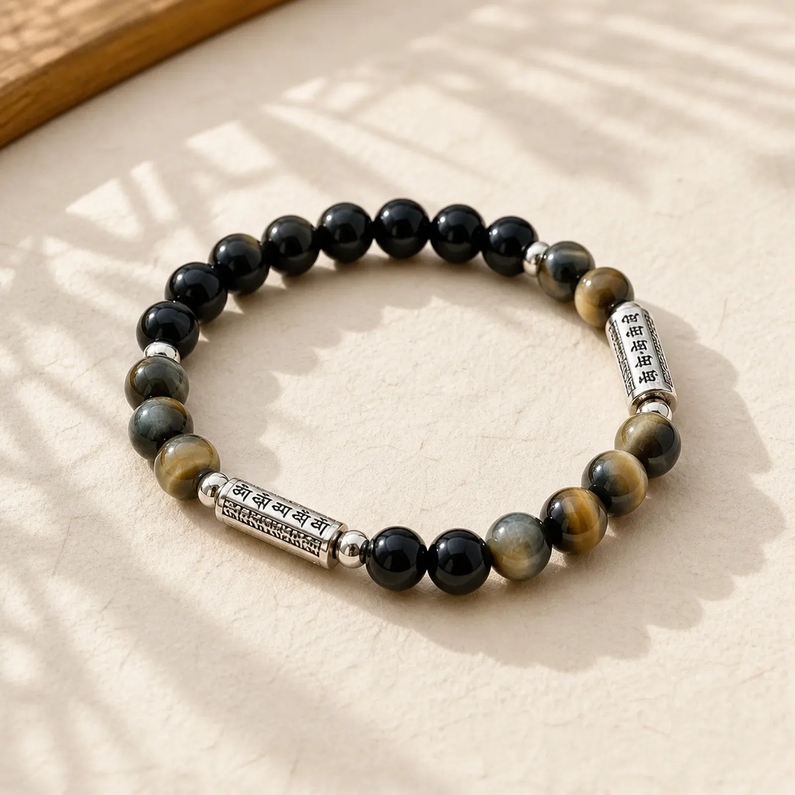 Natural Black Obsidian Tiger's Eye Six True Words 'om Mani Padme Hum' Strength Love Bracelet featuring Black Obsidian, Tiger Eye, Six True Words (Om Mani Padme Hum)