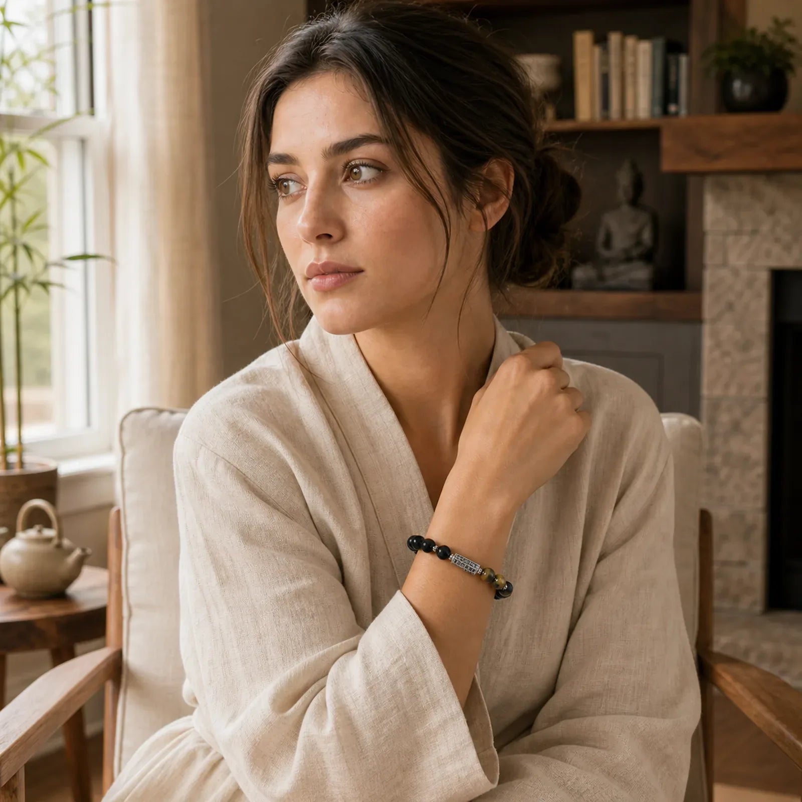 Natural Black Obsidian Tiger's Eye Six True Words 'om Mani Padme Hum' Strength Love Bracelet featuring Black Obsidian, Tiger Eye, Six True Words (Om Mani Padme Hum)