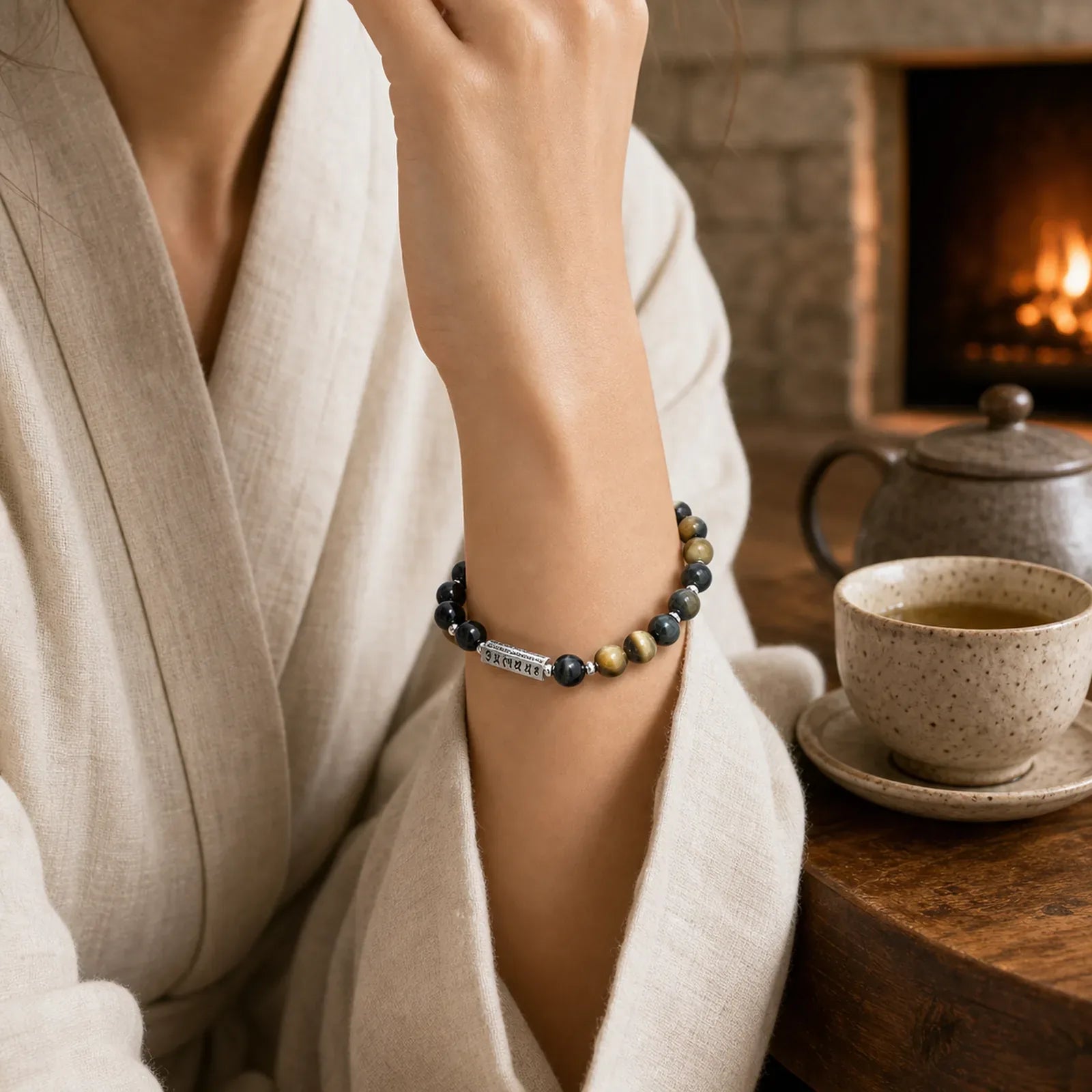 Natural Black Obsidian Tiger's Eye Six True Words 'om Mani Padme Hum' Strength Love Bracelet featuring Black Obsidian, Tiger Eye, Six True Words (Om Mani Padme Hum)
