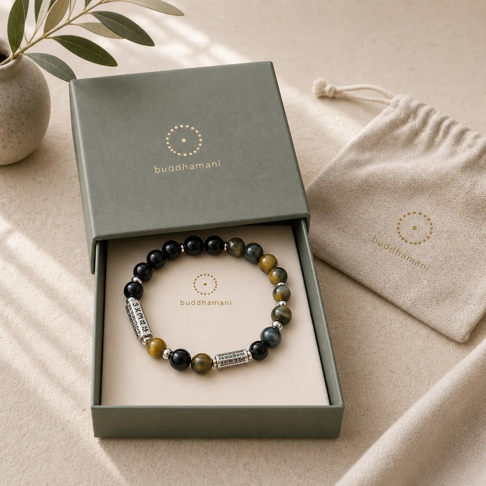 Natural Black Obsidian Tiger's Eye Six True Words 'om Mani Padme Hum' Strength Love Bracelet featuring Black Obsidian, Tiger Eye, Six True Words (Om Mani Padme Hum)