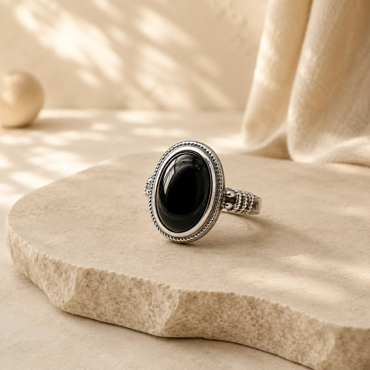 Natural Black Onyx Adjustable Protection Ring featuring Black Onyx, Silver