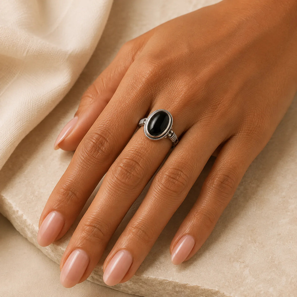 Natural Black Onyx Adjustable Protection Ring featuring Black Onyx, Silver