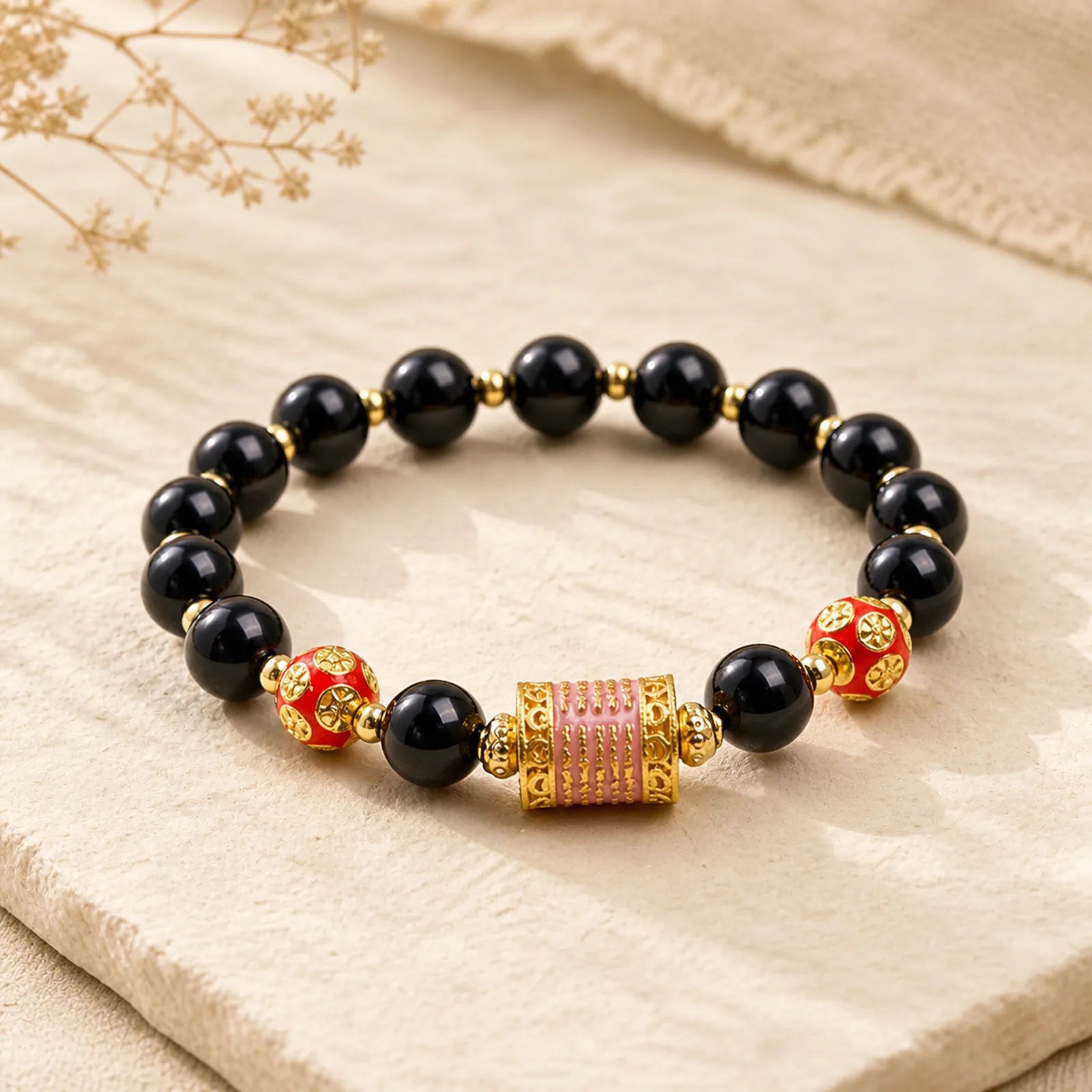 Natural Black Onyx Five Scripture Copper Coins Fortune Bracelet featuring Black Onyx, Copper