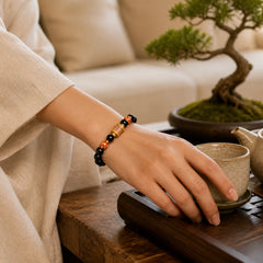 Natural Black Onyx Five Scripture Copper Coins Fortune Bracelet featuring Black Onyx, Copper