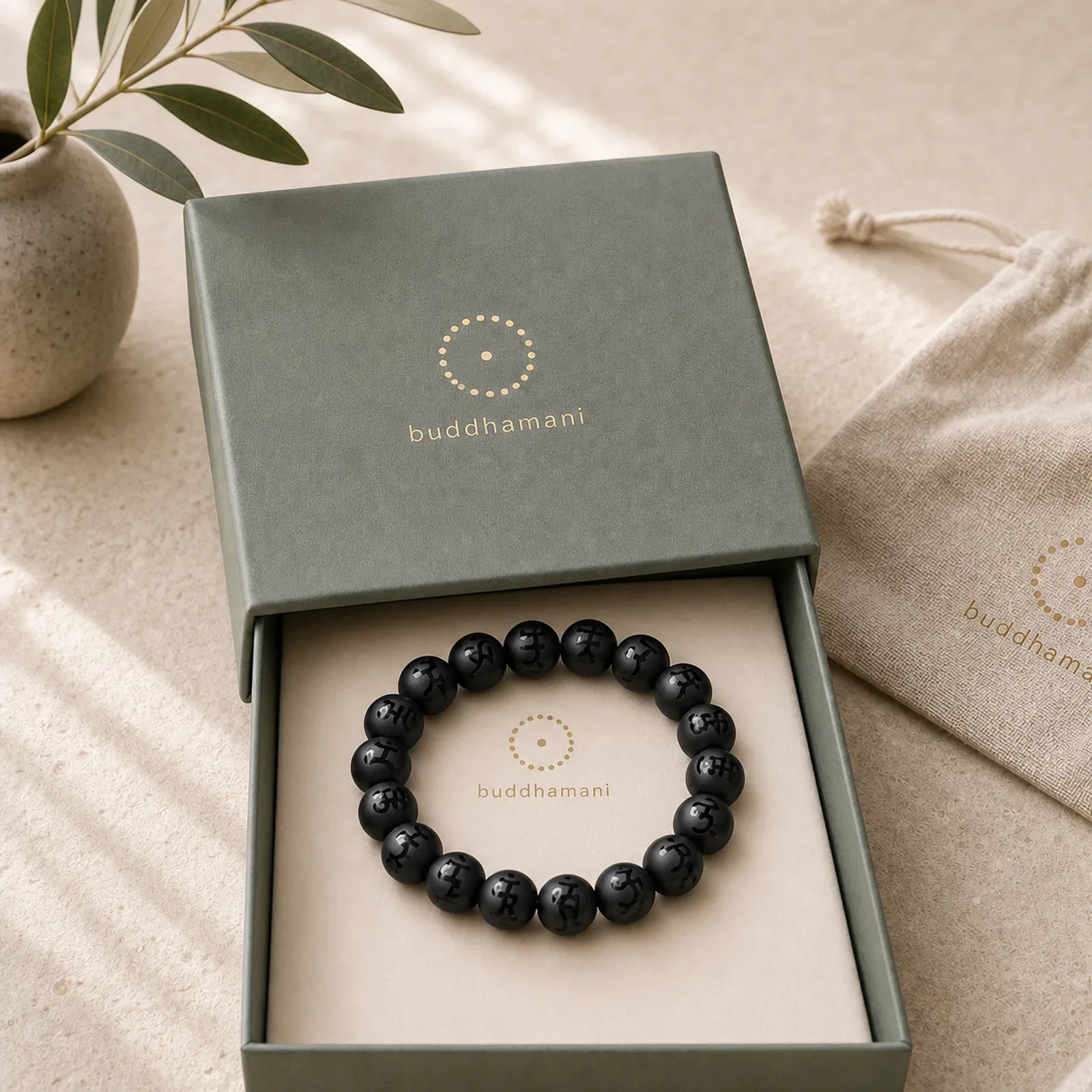 Natural Black Onyx Om Mani Padme Hum Carved Protection Bracelet featuring Black Onyx, Om Mani Padme Hum, Om