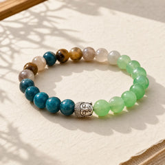 Natural Black Onyx White Stone Green Aventurine Tiger Eye Agate Mixed Color Buddha Head Protection Bracelet featuring Black Onyx, White Stone, Green Aventurine