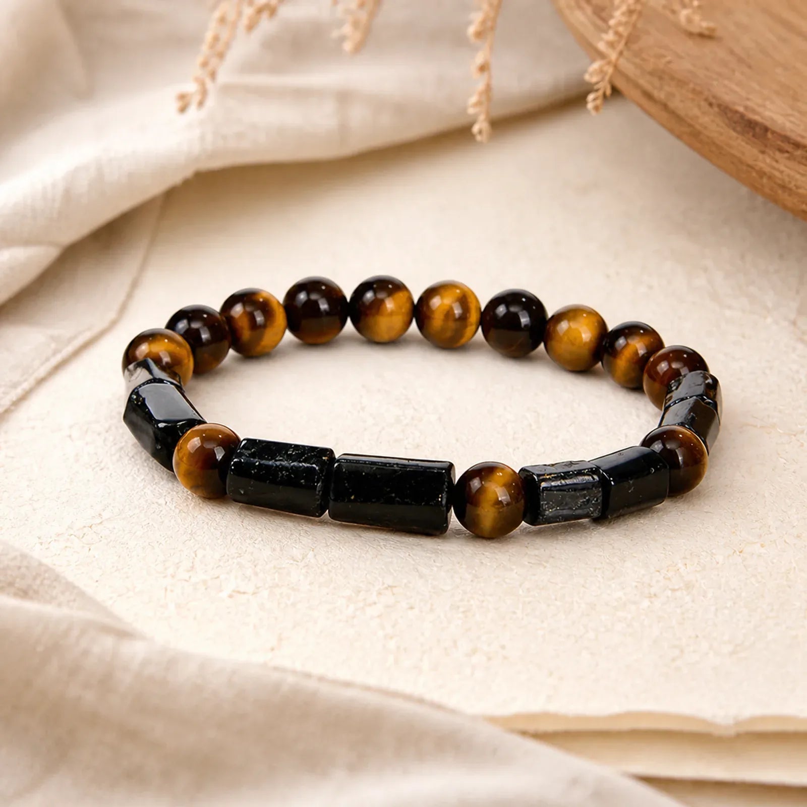 Natural Black Tourmaline Tiger Eye Positive Bracelet featuring Tourmaline, Tiger Eye