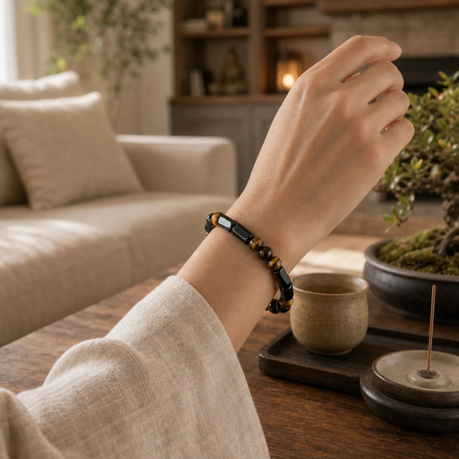 Natural Black Tourmaline Tiger Eye Positive Bracelet featuring Tourmaline, Tiger Eye