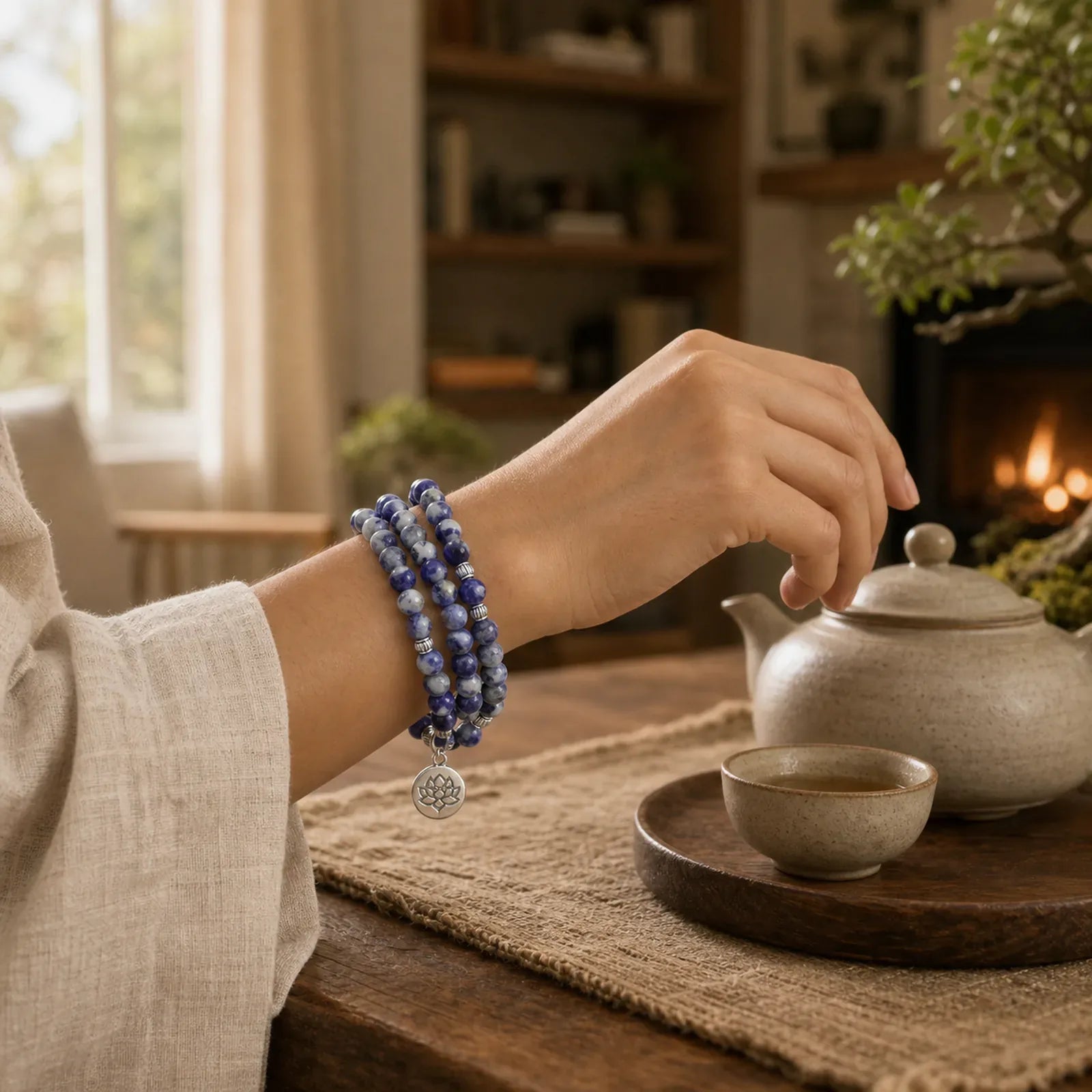Natural Blue Aventurine Lotus Peace Necklace Bracelet featuring Blue Aventurine, Lotus