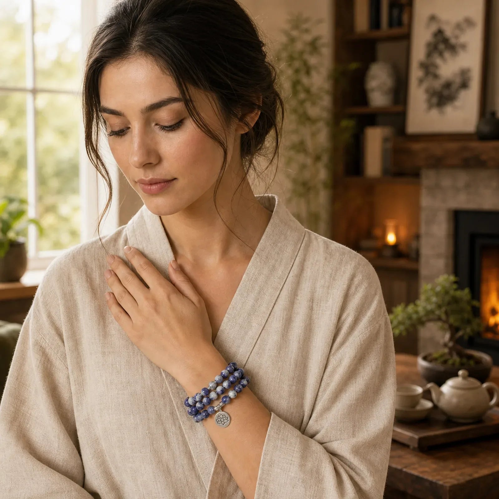 Natural Blue Aventurine Lotus Peace Necklace Bracelet featuring Blue Aventurine, Lotus