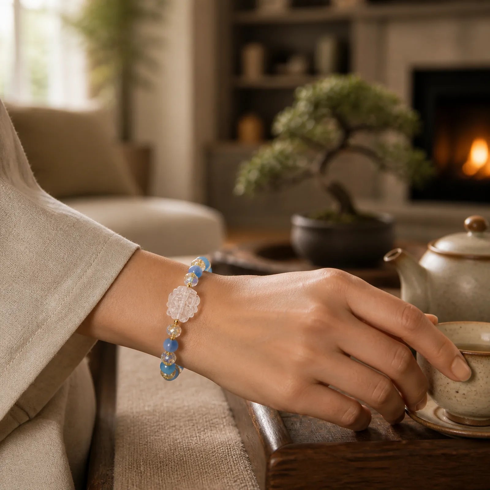 Natural Blue Candy Agate White Crystal Nine Tailed Fox Harmony Bracelet featuring Candy Agate, Clear Quartz / White Crystal, Nine-Tailed Fox