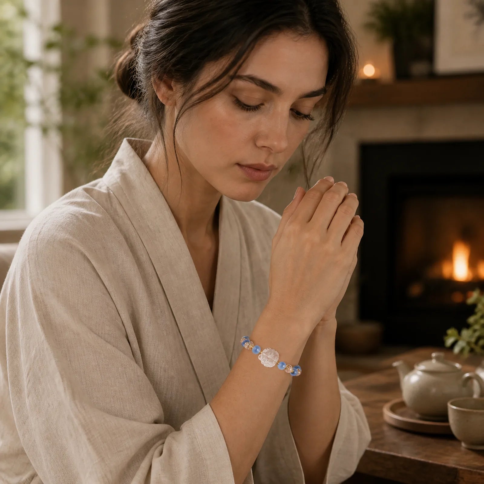Natural Blue Candy Agate White Crystal Nine Tailed Fox Harmony Bracelet featuring Candy Agate, Clear Quartz / White Crystal, Nine-Tailed Fox