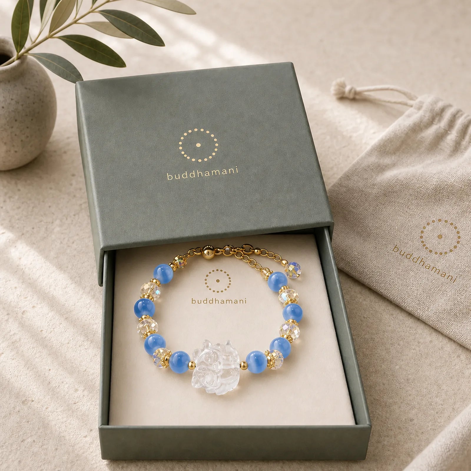 Natural Blue Candy Agate White Crystal Nine Tailed Fox Harmony Bracelet featuring Candy Agate, Clear Quartz / White Crystal, Nine-Tailed Fox