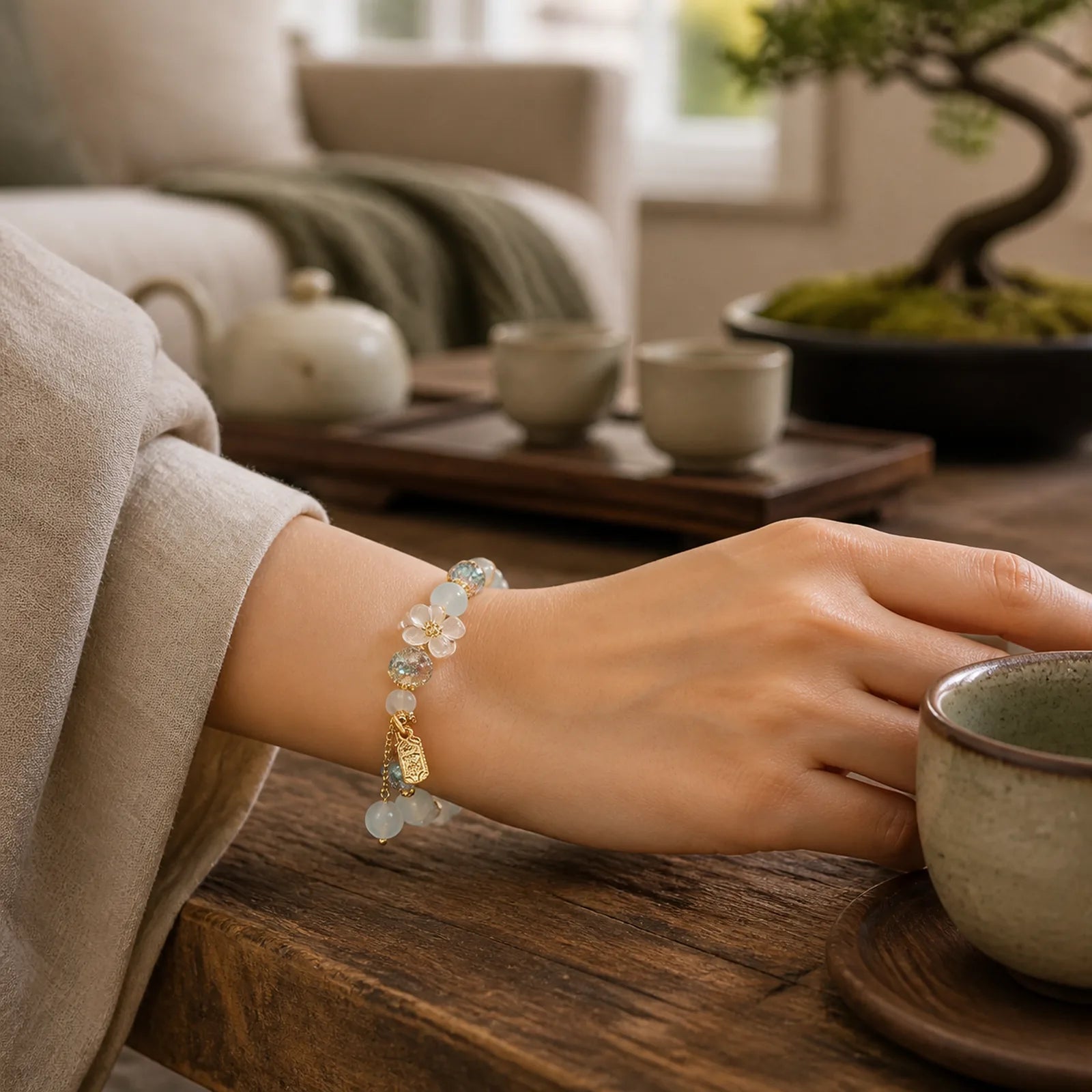 Natural Blue Crystal Amethyst Chalcedony Flower Healing Bracelet featuring Blue Crystal, Amethyst, Chalcedony