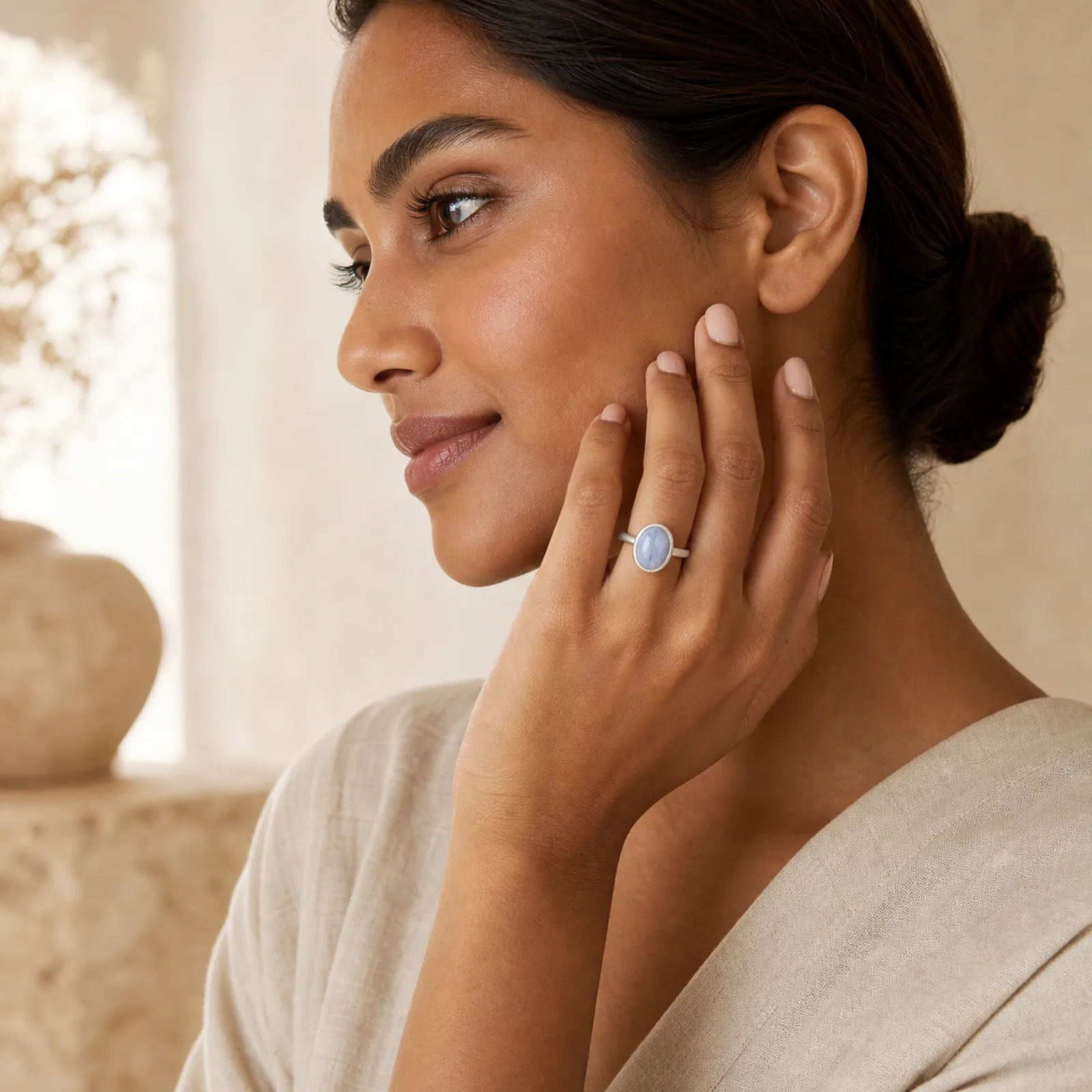 Natural Blue Lace Agate Round Balance Ring featuring Blue Lace Agate, Copper