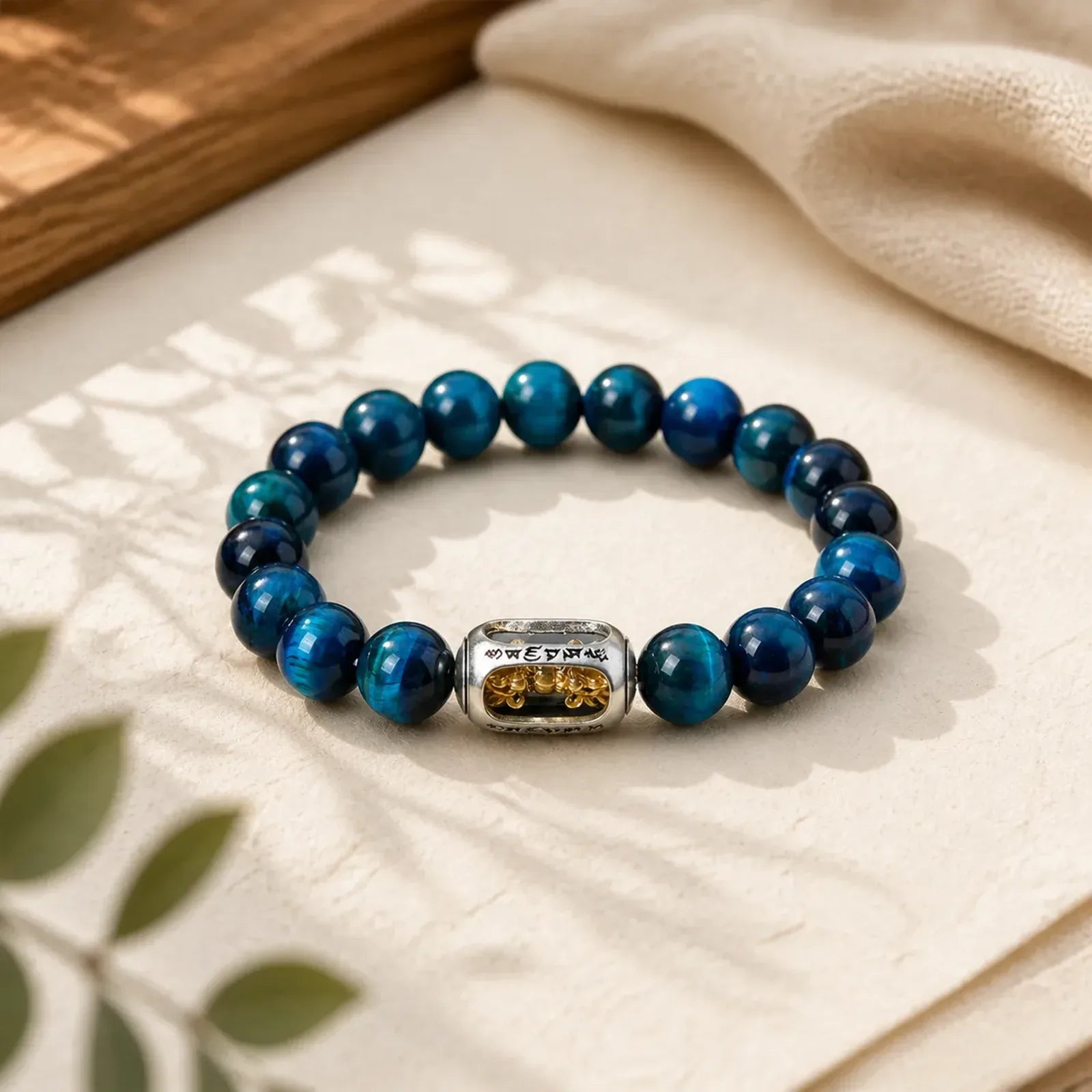 Natural Blue Tiger Eye Om Mani Padme Hum Strength Bracelet featuring Blue Tiger Eye, Tiger Eye, Om Mani Padme Hum