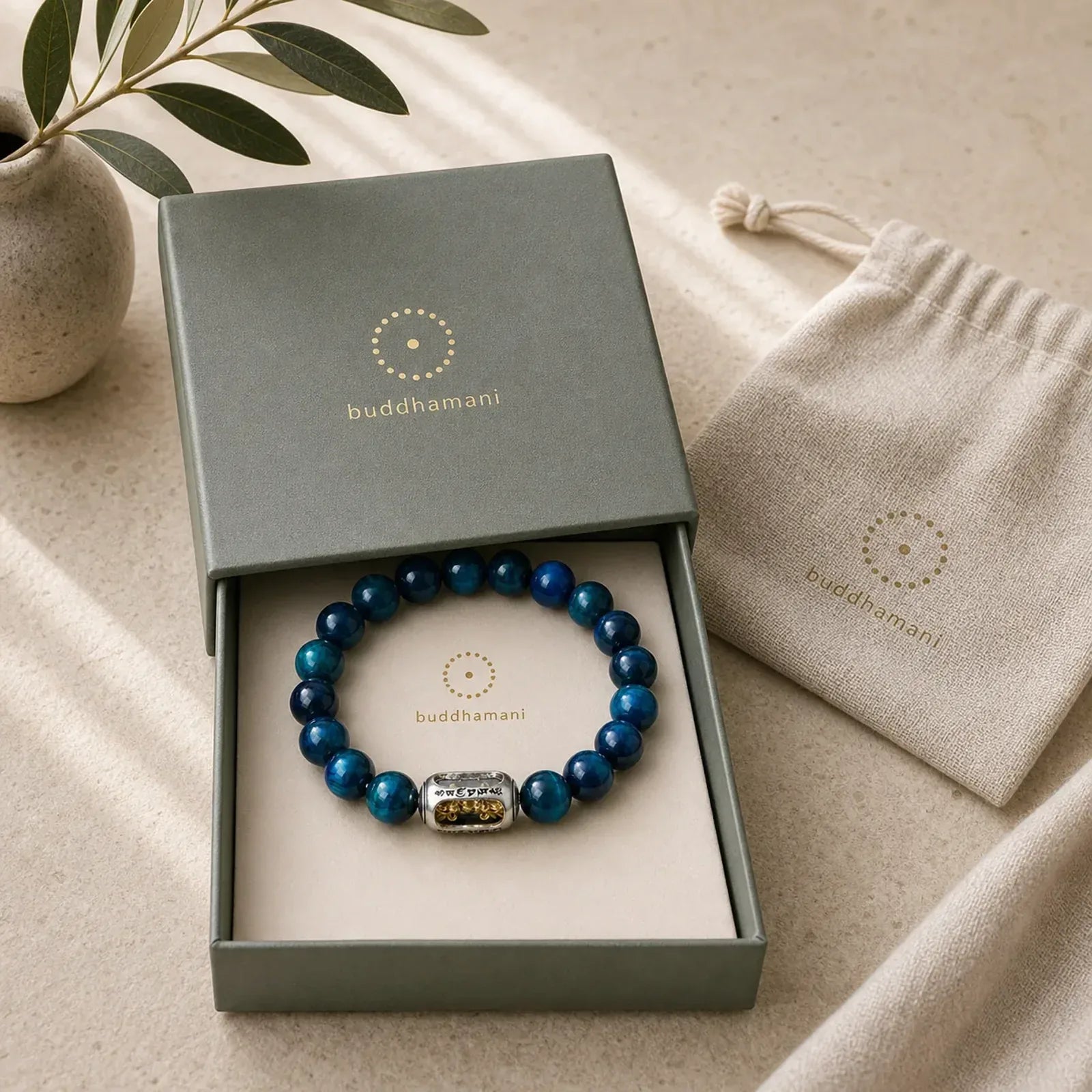 Natural Blue Tiger Eye Om Mani Padme Hum Strength Bracelet featuring Blue Tiger Eye, Tiger Eye, Om Mani Padme Hum