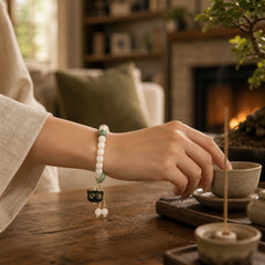 Natural Bodhi Seed African Blackwood Lovely Cat Charm Peace Harmony Bracelet featuring Bodhi Seed