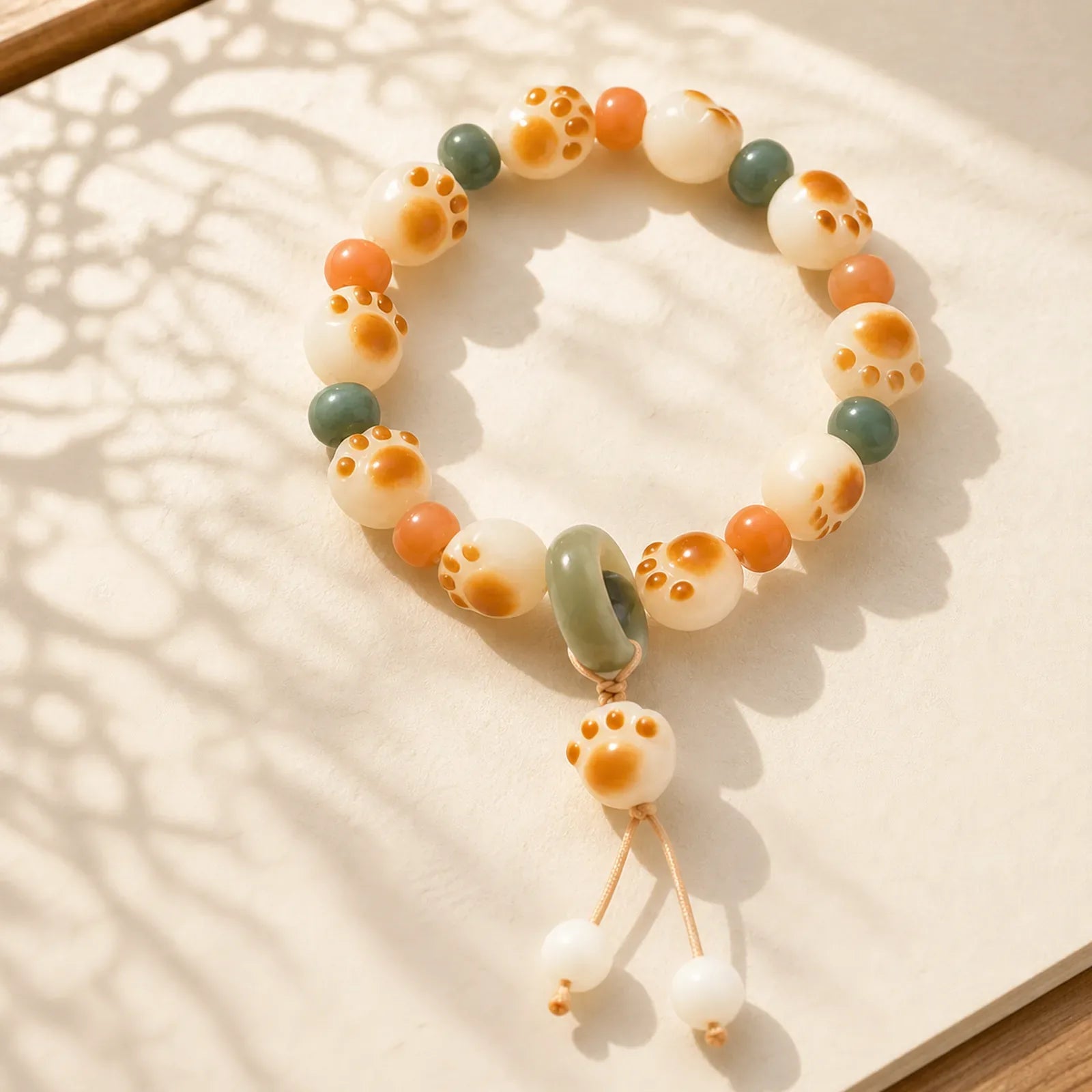 Natural Bodhi Seed Cat Paw Design Wealth Bracelet featuring Bodhi Seed
