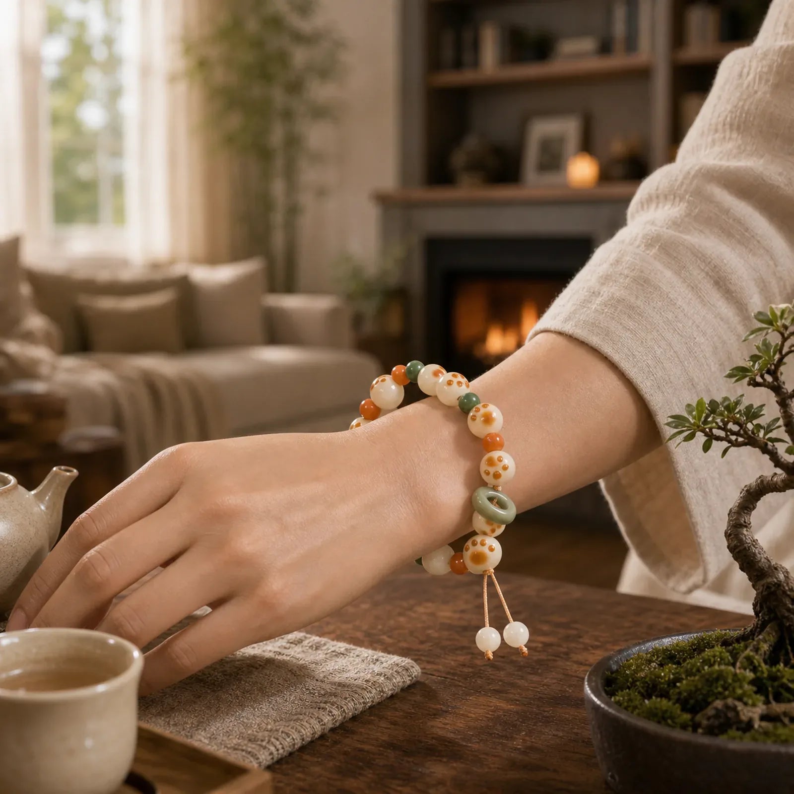 Natural Bodhi Seed Cat Paw Design Wealth Bracelet featuring Bodhi Seed