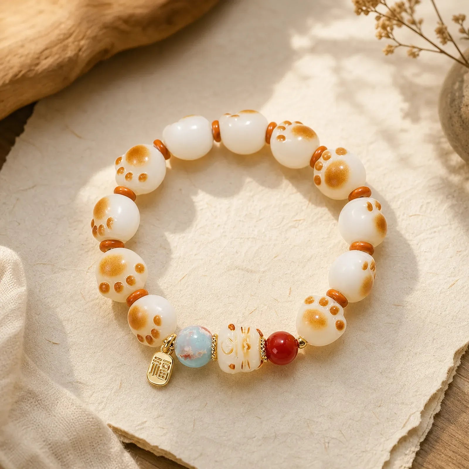 Natural Bodhi Seed Fu Character Cat Paw Design Luck Bracelet featuring Bodhi Seed, Fu Character, Shoushan Stone