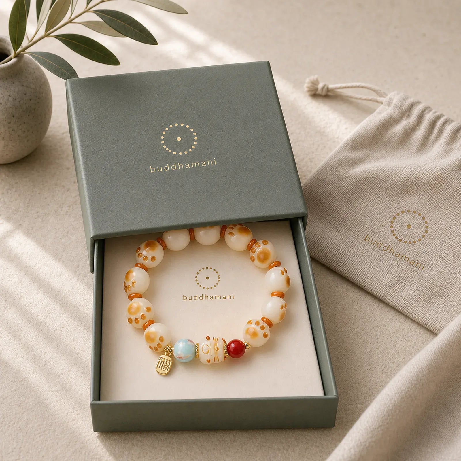 Natural Bodhi Seed Fu Character Cat Paw Design Luck Bracelet featuring Bodhi Seed, Fu Character, Shoushan Stone