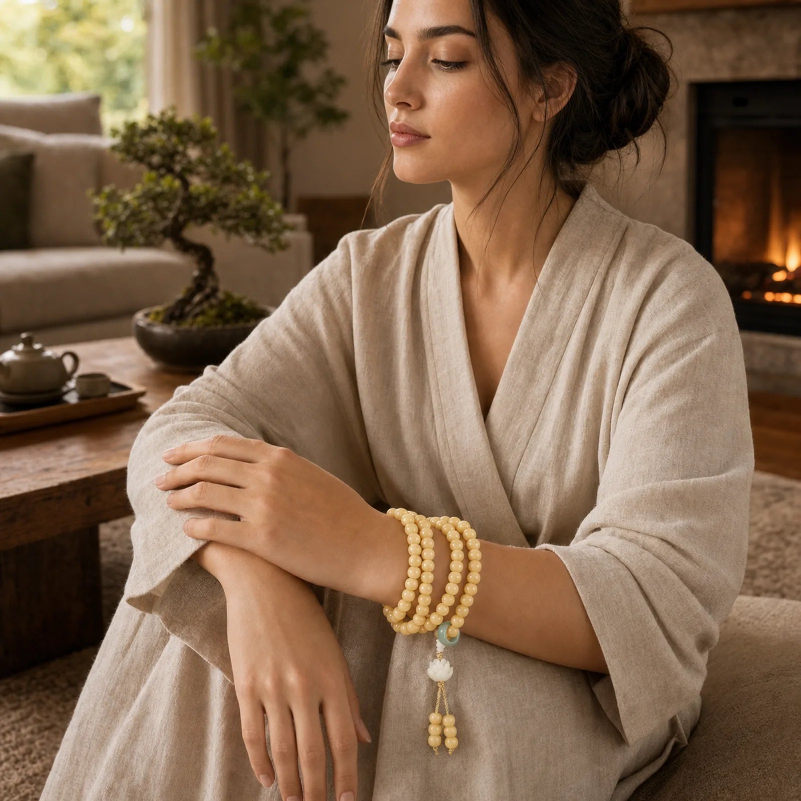 Natural Bodhi Seed Lotus Dzi Bead Peace Harmony Charm Bracelet featuring Bodhi Seed, Lotus, Dzi Bead