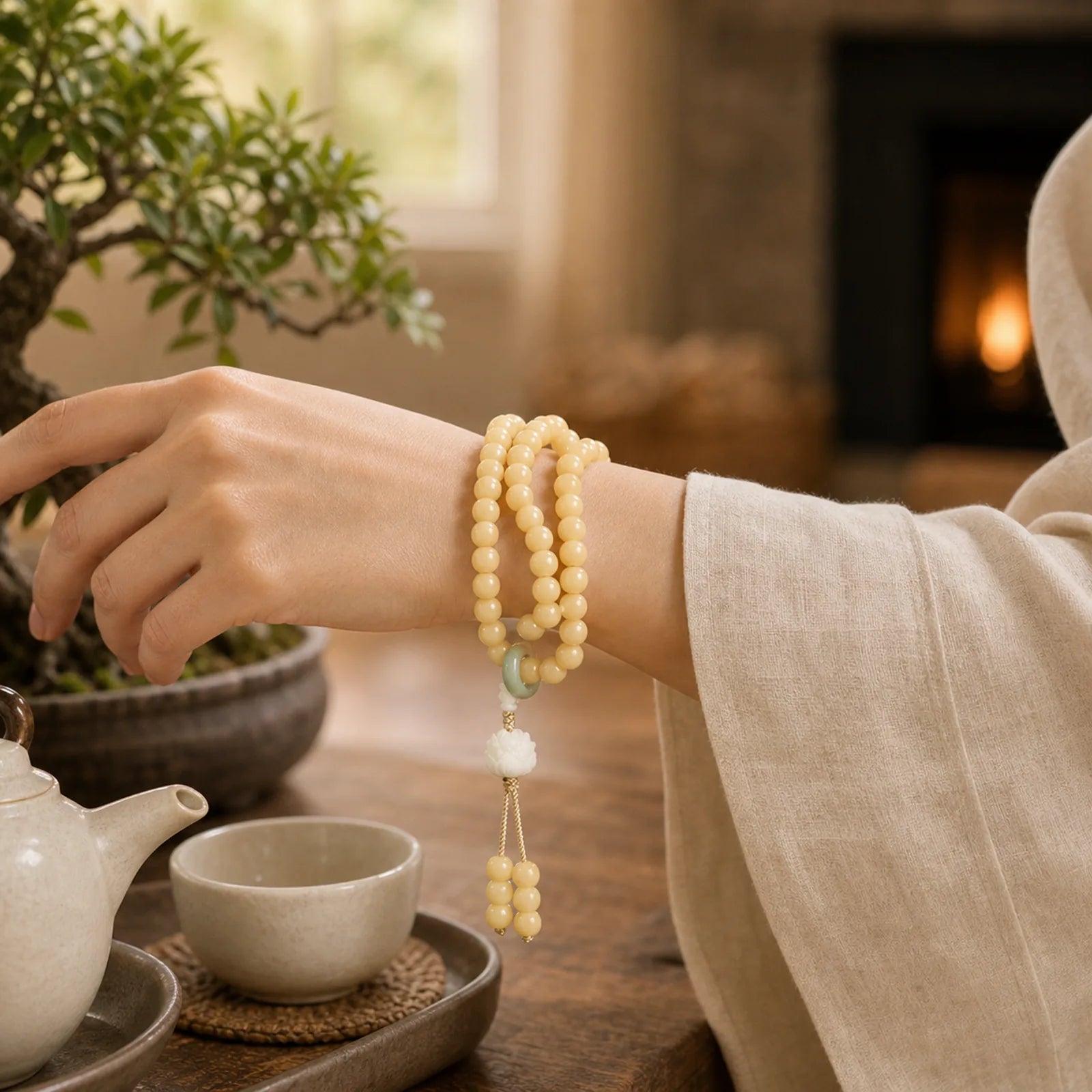 Natural Bodhi Seed Lotus Dzi Bead Peace Harmony Charm Bracelet featuring Bodhi Seed, Lotus, Dzi Bead