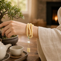 Natural Bodhi Seed Lotus Dzi Bead Peace Harmony Charm Bracelet featuring Bodhi Seed, Lotus, Dzi Bead