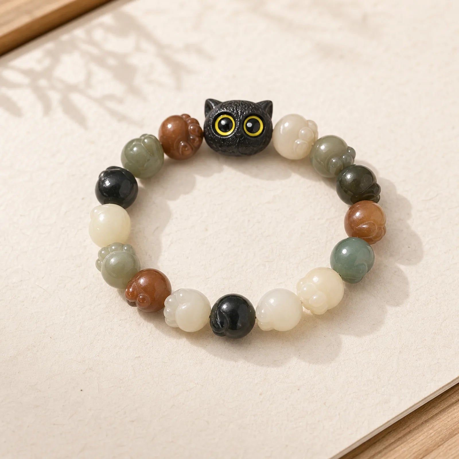 Natural Bodhi Seed Lovely Paw Ebony Wood Lucky Cat Wisdom Bracelet featuring Bodhi Seed, Ebony Wood, Ebony