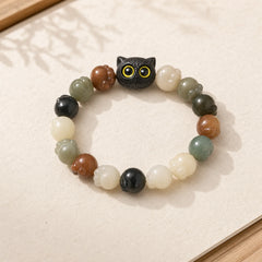 Natural Bodhi Seed Lovely Paw Ebony Wood Lucky Cat Wisdom Bracelet featuring Bodhi Seed, Ebony Wood, Ebony
