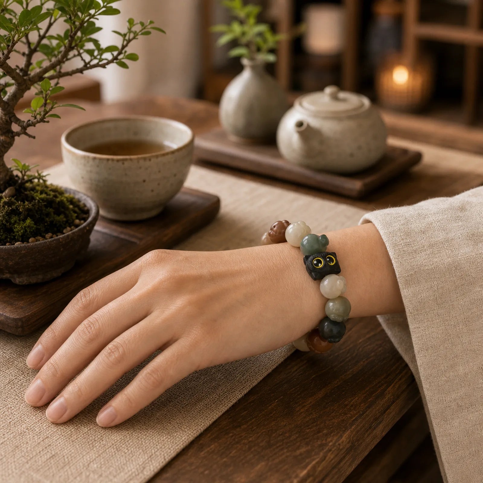 Natural Bodhi Seed Lovely Paw Ebony Wood Lucky Cat Wisdom Bracelet featuring Bodhi Seed, Ebony Wood, Ebony