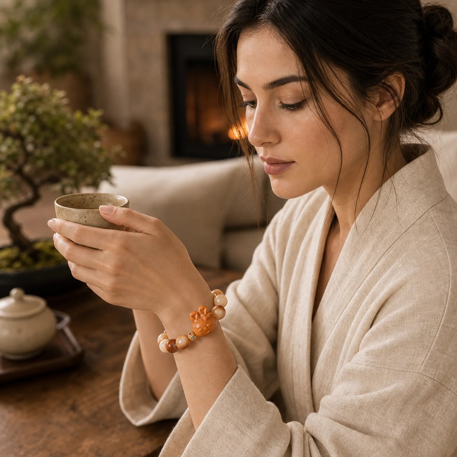 Natural Bodhi Seed Lovely Rabbit Peace Bracelet featuring Bodhi Seed