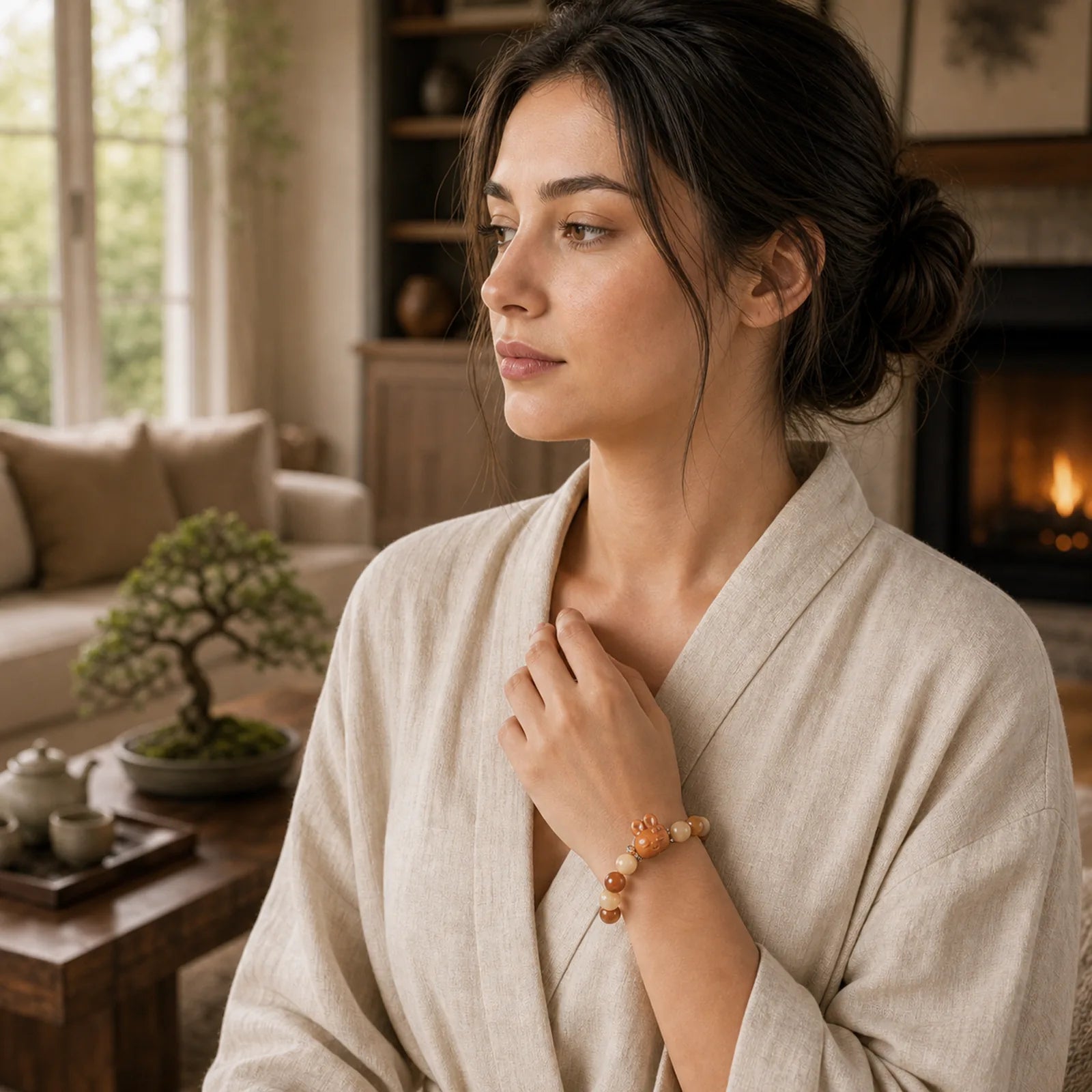 Natural Bodhi Seed Lovely Rabbit Peace Bracelet featuring Bodhi Seed