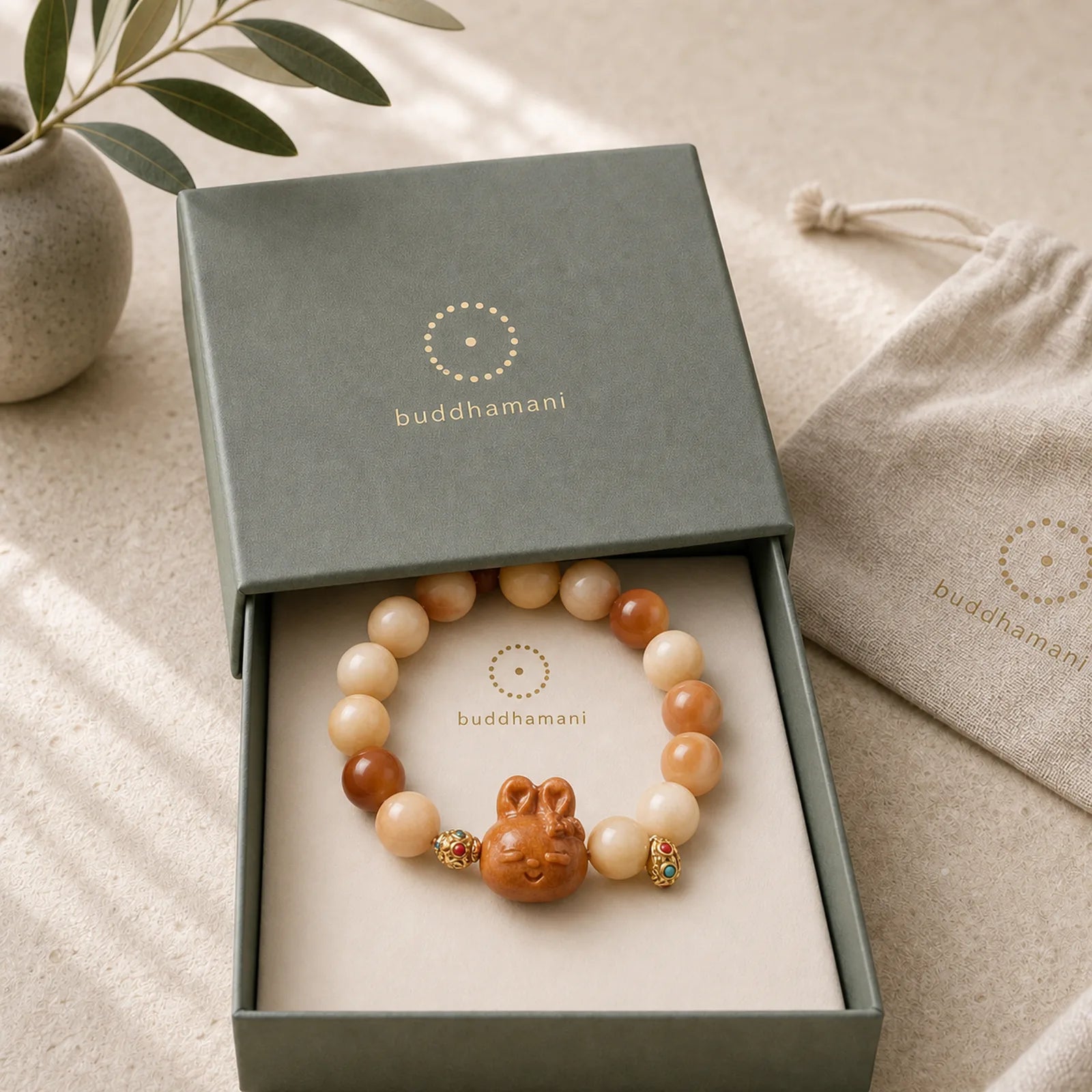 Natural Bodhi Seed Lovely Rabbit Peace Bracelet featuring Bodhi Seed