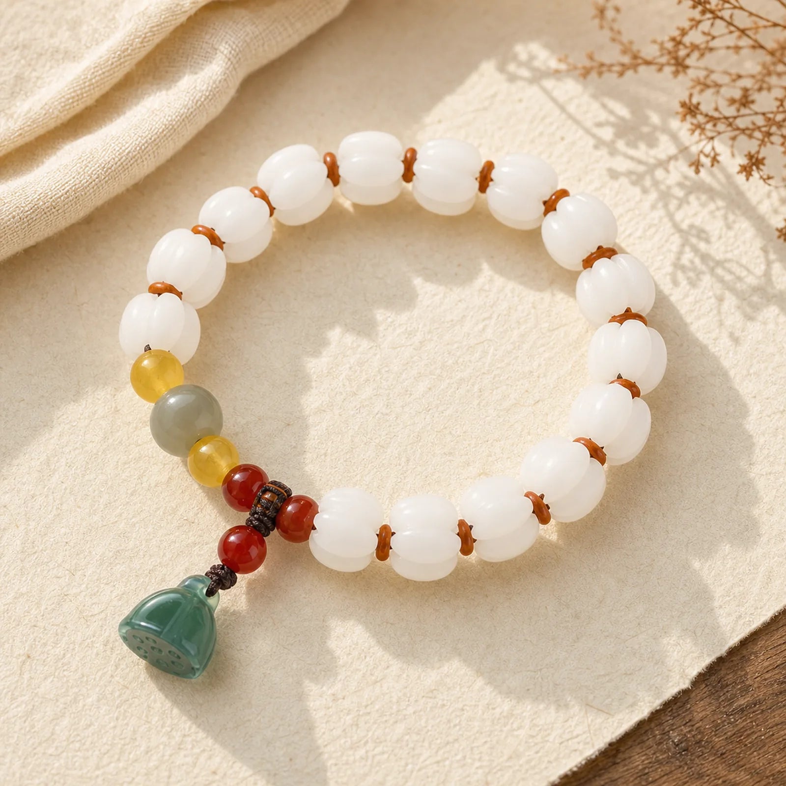 Natural Bodhi Seed Red Agate Bodhi Calm Harmony Engraved Pumpkin Bead Lotus Bracelet featuring Bodhi Seed, Red Agate, Lotus